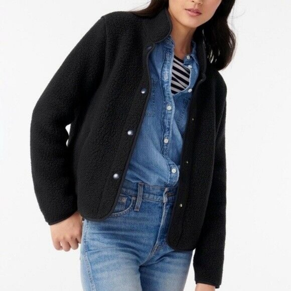 J. Crew Polartec Sherpa Fleece Jacket Snap Button Navy Blue Women’s Size Large